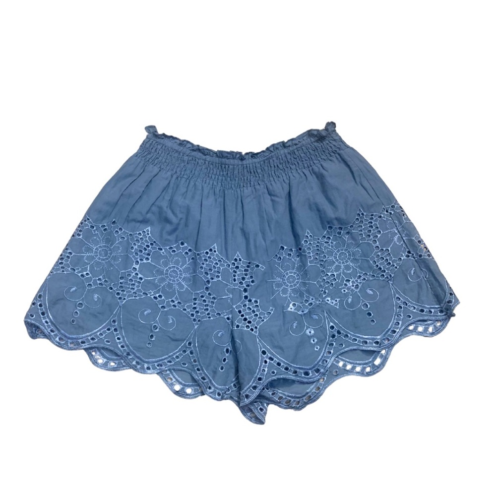 2/$30 Blue Cotton Shorts High Waist Eyelet Embroidered Coastal Boho Feminine